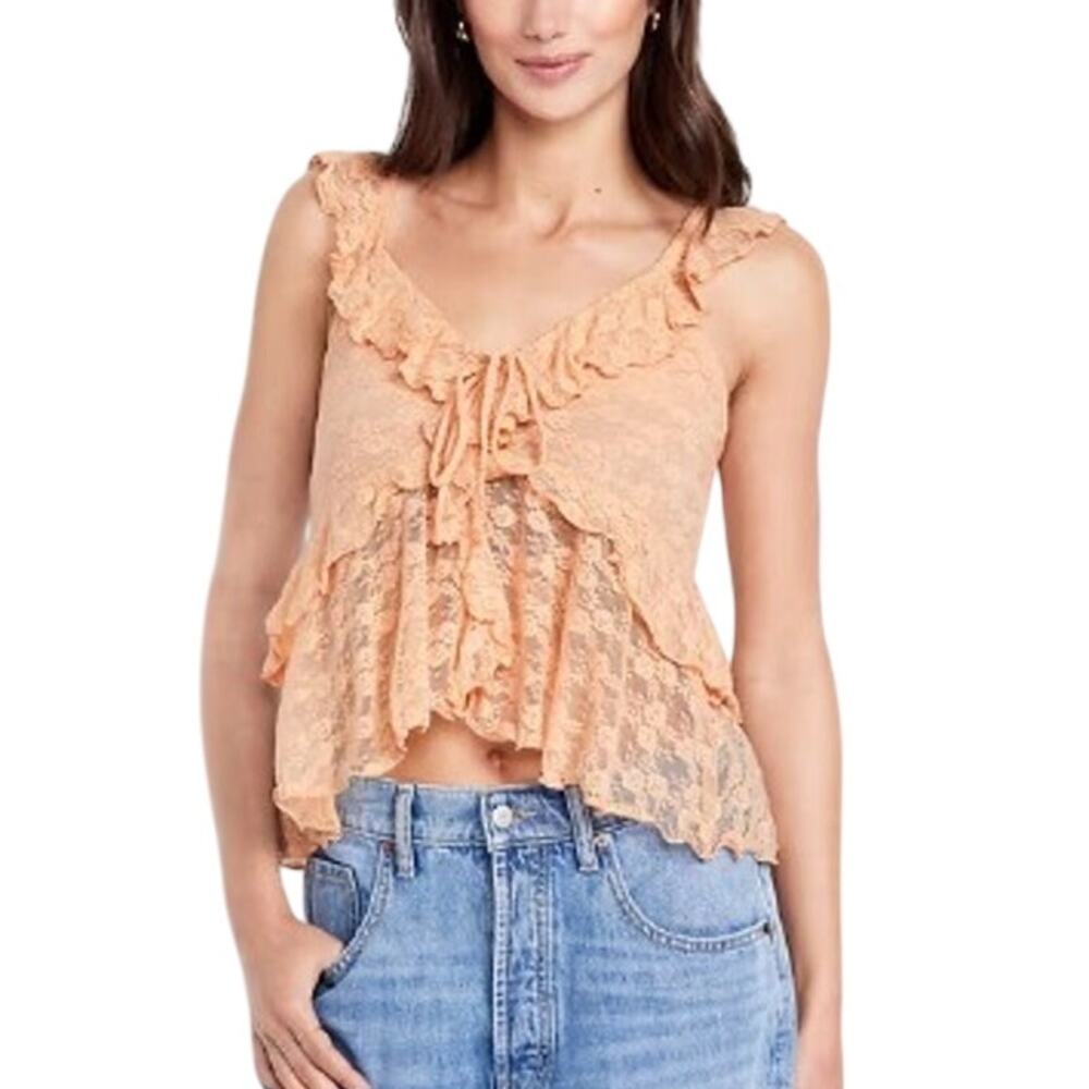 Old Navy Orange Lace Tank Top Large Babydoll Y2K Style Sheer Tie Ruffle